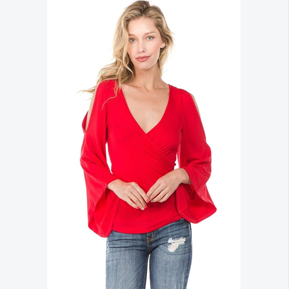 VaVa by Joy Han Cold Shoulder Top with Bell Sleeve
